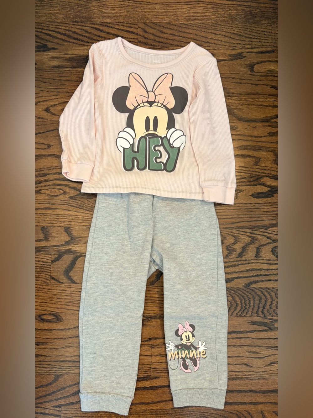 Disney Minnie Mouse Pink Waffle Top & Gray Joggers Set